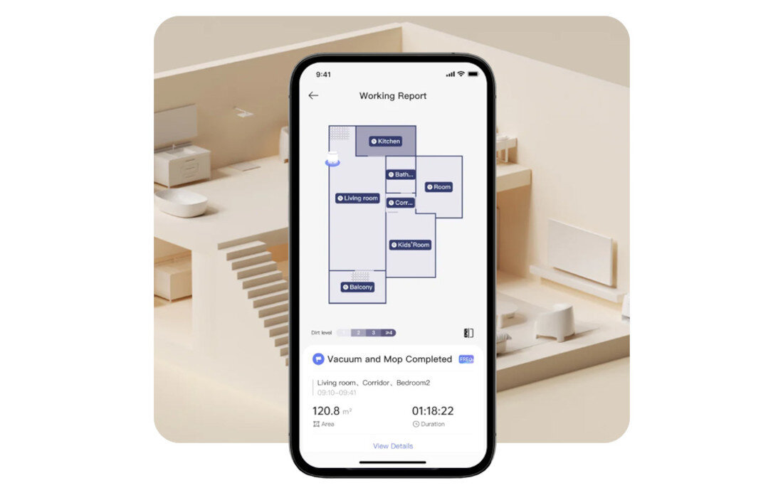 Na obrazie widać smartfon z wyświetlonym raportem pracy robota sprzątającego, pokazującym mapę pomieszczeń: Kitchen, Bathroom, Living room, Room, Kids\' room, Balcony. Pod mapą znajduje się informacja \'Vacuum and Mop Completed\' oraz szczegóły dotyczące powierzchni i czasu sprzątania: 120.8 m², 01:18:22.
