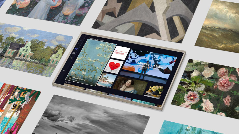 Telewizor wyświetla interfejs z różnymi obrazami sztuki, w tym kwiatami i pejzażami. Na ekranie widoczny jest tekst \'SAMSUNG ART STORE\'.