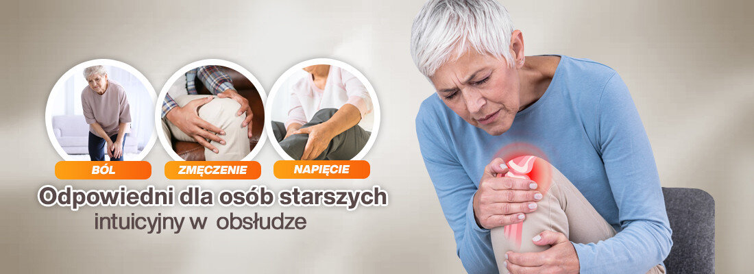 Osoba siedząca trzyma się za kolano, które jest podświetlone na czerwono. Obok znajdują się trzy okrągłe zdjęcia z napisami: \'BÓL\', \'ZMĘCZENIE\', \'NAPIĘCIE\', oraz tekst: \'Odpowiedni dla osób starszych intuicyjny w obsłudze\'.