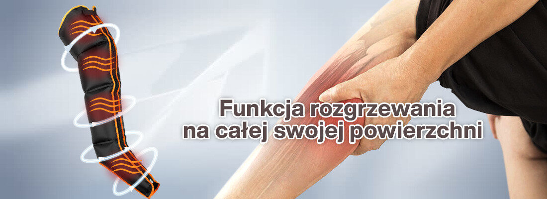 Obraz przedstawia nogawkę do masażera limfatycznego z wizualizacją funkcji rozgrzewania. Na środku widoczny jest tekst: \'Funkcja rozgrzewania na całej swojej powierzchni\'.