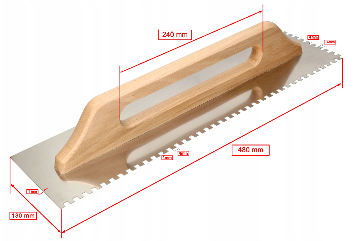 Metalowa paca z drewnianym uchwytem, o wymiarach 480 mm długości i 130 mm szerokości, z zębami o wymiarach 4x4x4 mm. Na obrazie widoczne są oznaczenia wymiarów: 240 mm dla uchwytu, 1 mm grubości blachy oraz 4 mm dla zębów.