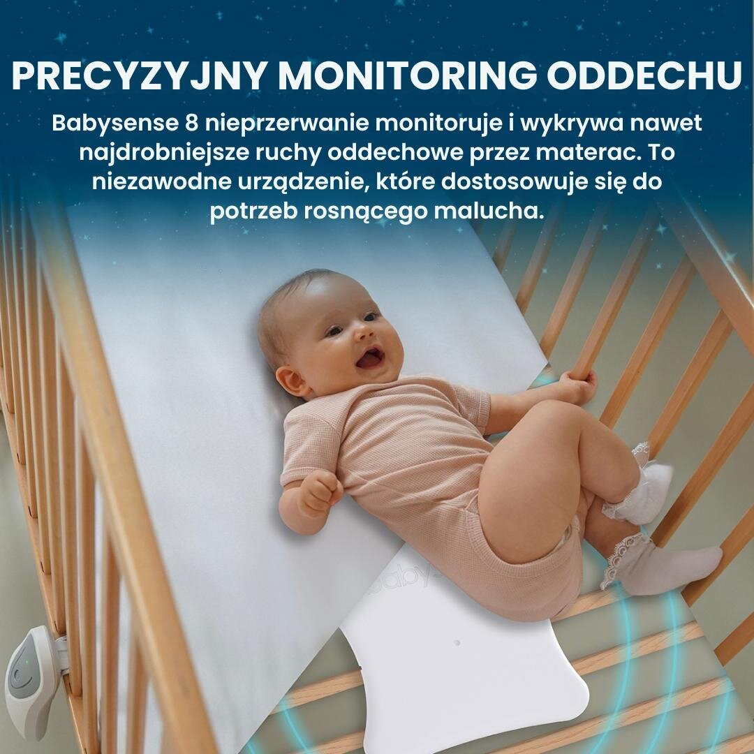Na obrazie widoczny jest niemowlak leżący w łóżeczku z monitorem oddechu Babysense 8. Tekst na górze obrazu brzmi: \'PRECYZYJNY MONITORING ODDECHU Babysense 8 nieprzerwanie monitoruje i wykrywa nawet najdrobniejsze ruchy oddechowe przez materac. To niezawodne urządzenie, które dostosowuje się do potrzeb rosnącego malucha.\'