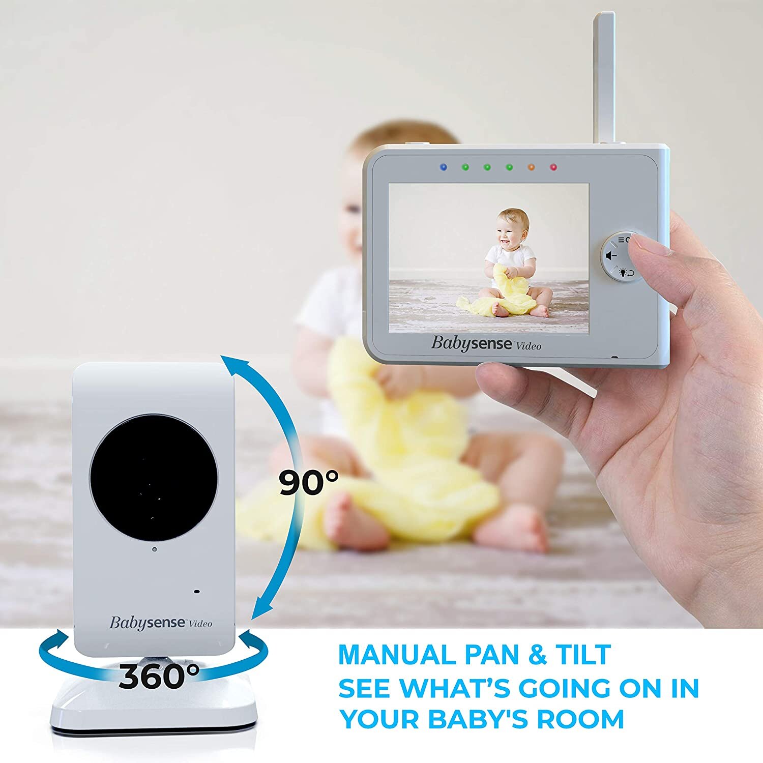 Na obrazie widoczna jest elektroniczna niania z kamerą oraz monitor z wyświetlaczem pokazującym dziecko. Obok znajduje się tekst: \'MANUAL PAN & TILT SEE WHAT\'S GOING ON IN YOUR BABY\'S ROOM\'.