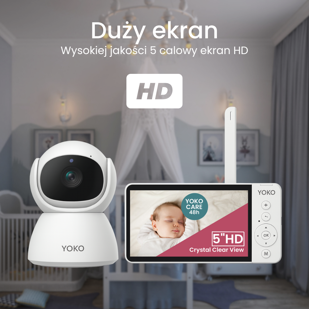 Na obrazie widoczna jest kamera i monitor z logo YOKO, umieszczone na tle pokoju dziecięcego. Na monitorze wyświetlany jest obraz śpiącego dziecka z tekstem \'YOKO CARE 48h\' oraz \'5\