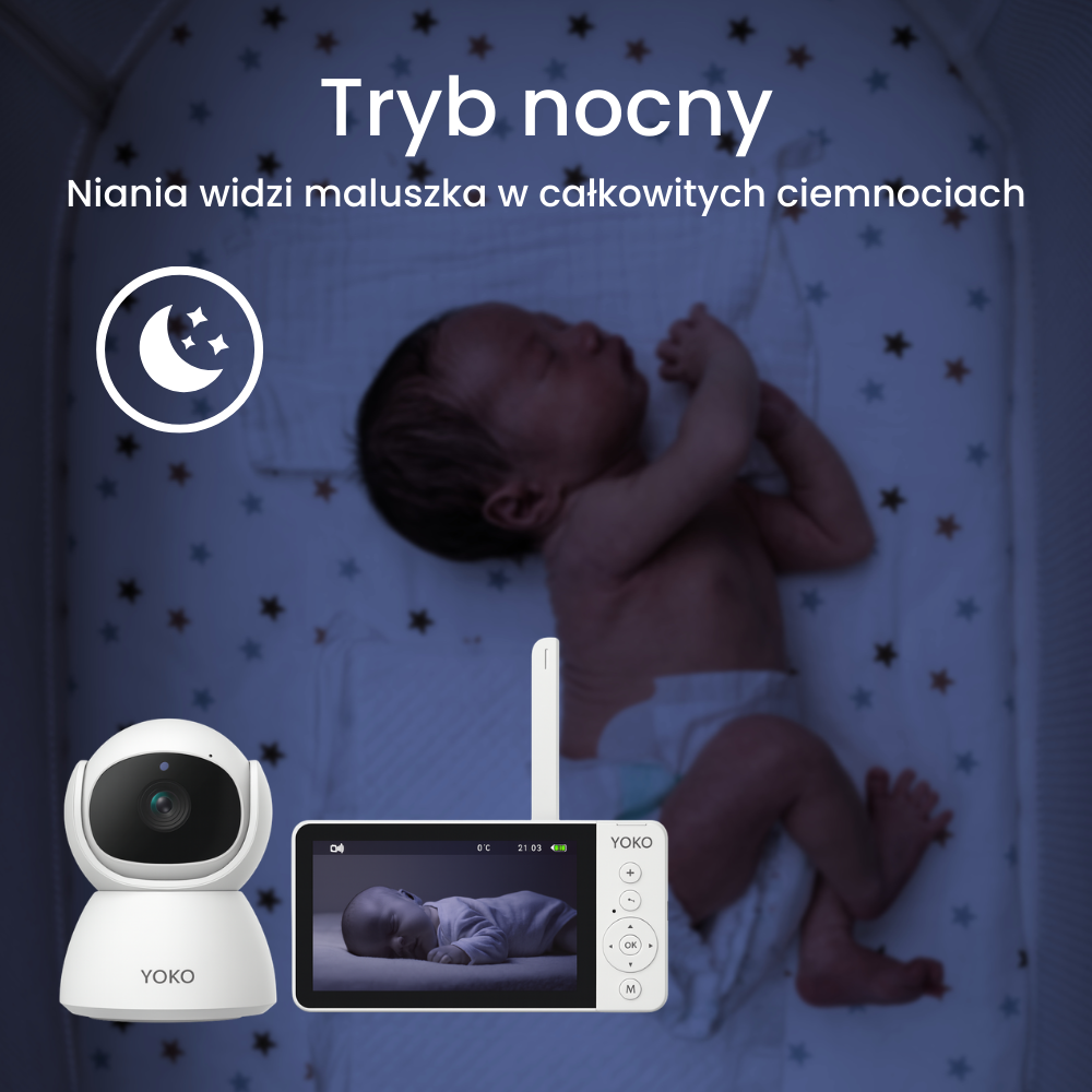 Obraz przedstawia śpiące dziecko w łóżeczku oraz urządzenie monitorujące z ekranem pokazującym dziecko. Widoczny jest tekst: \'Tryb nocny Niania widzi maluszka w całkowitych ciemnościach\' oraz logo YOKO.