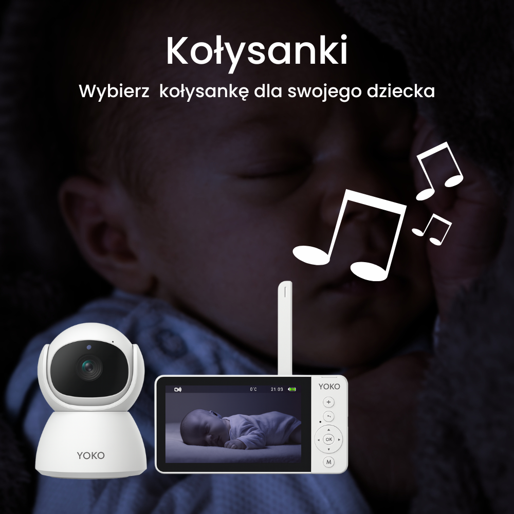 Obraz przedstawia śpiące dziecko oraz urządzenie monitorujące z ekranem pokazującym to samo dziecko. Na górze widoczny jest tekst: \'Kołysanki Wybierz kołysankę dla swojego dziecka\'.