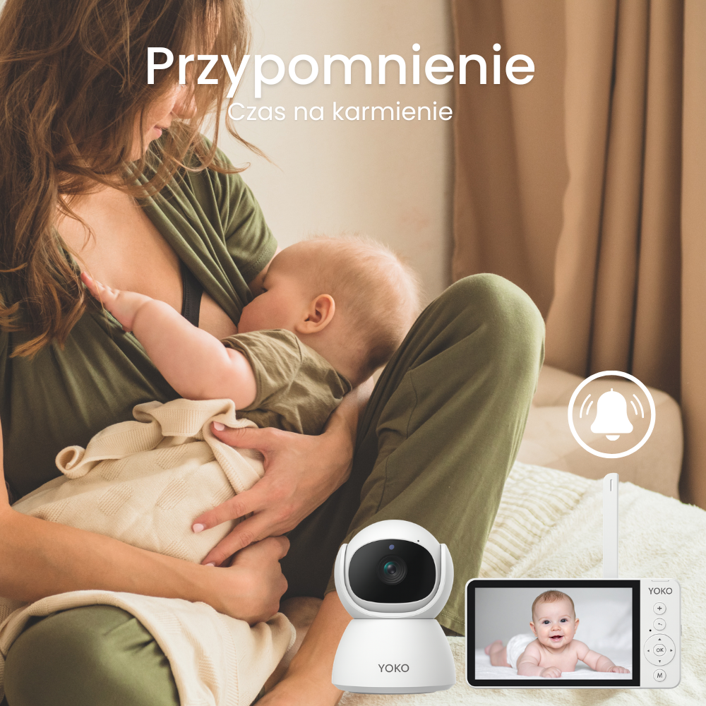 Kobieta karmi dziecko piersią, obok widoczna jest kamera YOKO oraz monitor z obrazem dziecka. Na obrazie znajduje się tekst: \'Przypomnienie Czas na karmienie\'.