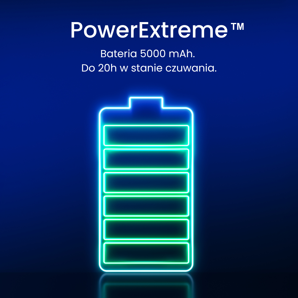 Na niebieskim tle widoczny jest neonowy symbol baterii oraz tekst: \'PowerExtreme™ Bateria 5000 mAh. Do 20h w stanie czuwania.\'