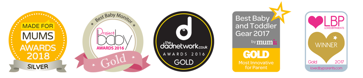 Obraz przedstawia pięć odznaczeń w formie medali i plakietek z napisami: \'MADE FOR MUMS AWARDS 2018 SILVER\', \'Best Baby Monitor Project BABY AWARDS 2016 Gold\', \'thedadnetwork.co.uk AWARDS 2016 GOLD\', \'Best Baby and Toddler Gear 2017 by mumii GOLD Most Innovative for Parent\', \'LBP AWARDS 2017 WINNER Gold\'.