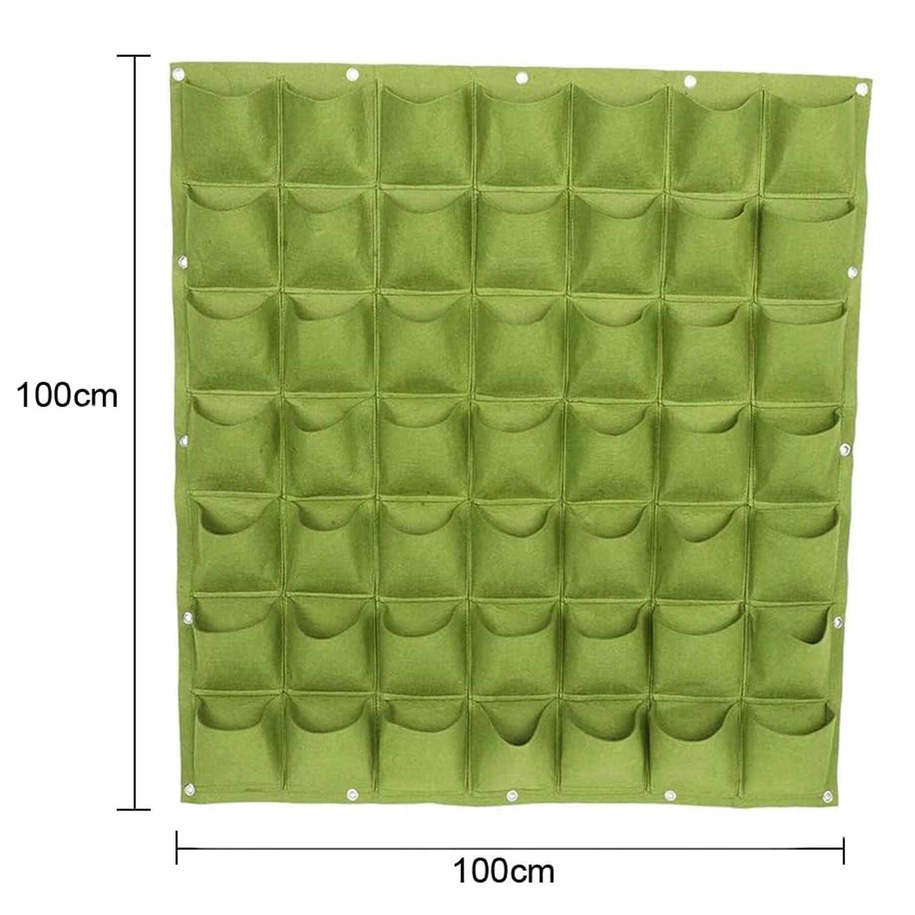 Zielony pionowy ogród wiszący z filcu z 49 kieszeniami, o wymiarach 100x100 cm. Na obrazie widoczne są wymiary: 100 cm wysokości i 100 cm szerokości.