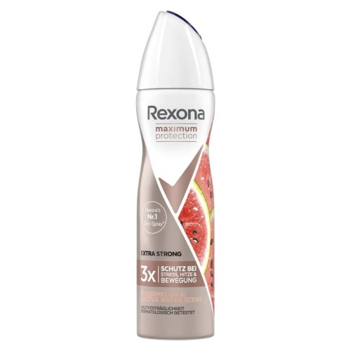 Opakowanie antyperspirantu w sprayu marki Rexona z grafiką arbuza i napisami: \'maximum protection\', \'extra strong\', \'3x schutz bei stress, hitze & bewegung\'.
