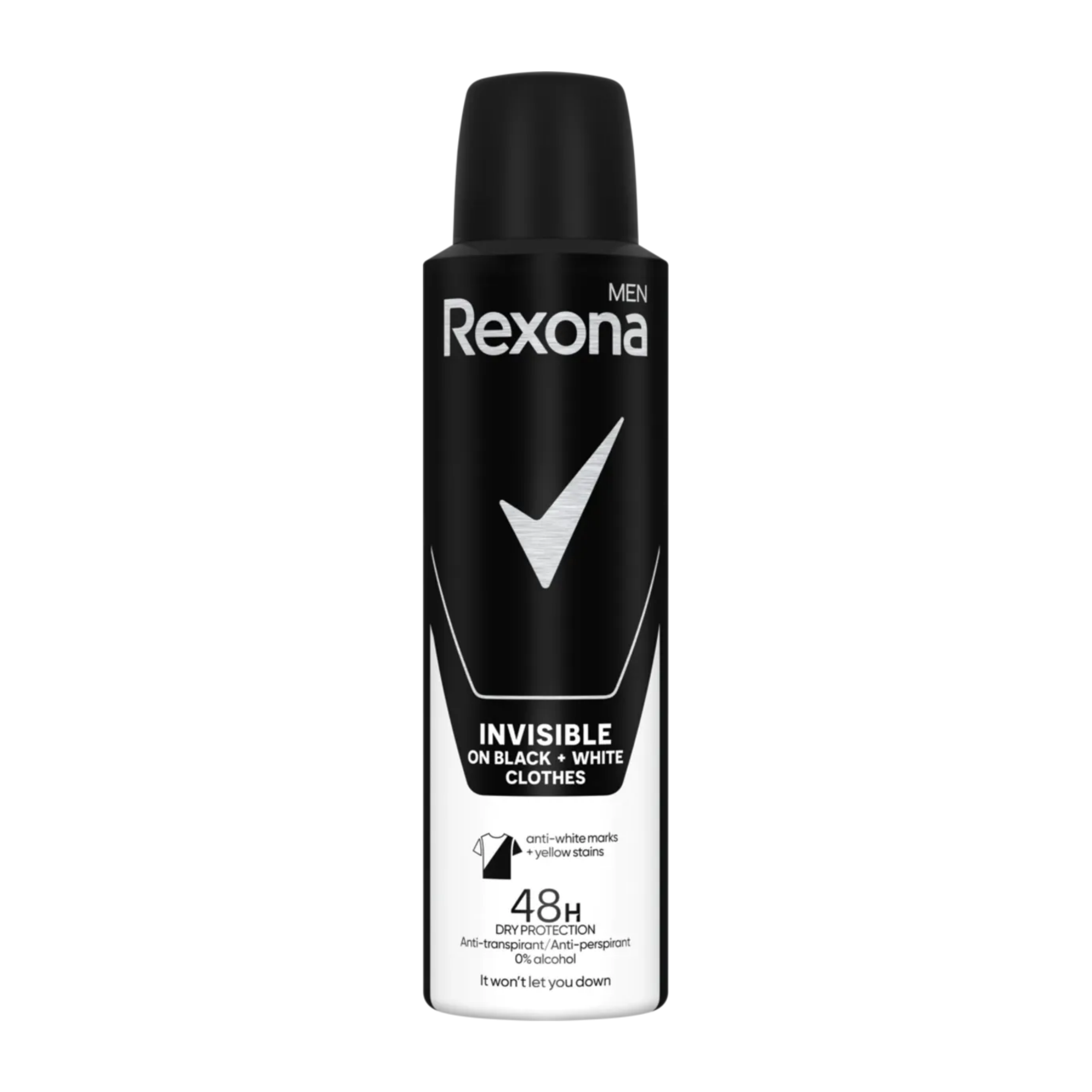 Czarny spray z białym logo i napisem \'Rexona Men\'. Tekst na opakowaniu: \'INVISIBLE ON BLACK + WHITE CLOTHES, 48H DRY PROTECTION, Anti-transpirant/Anti-perspirant, 0% alcohol, It won\'t let you down\'.