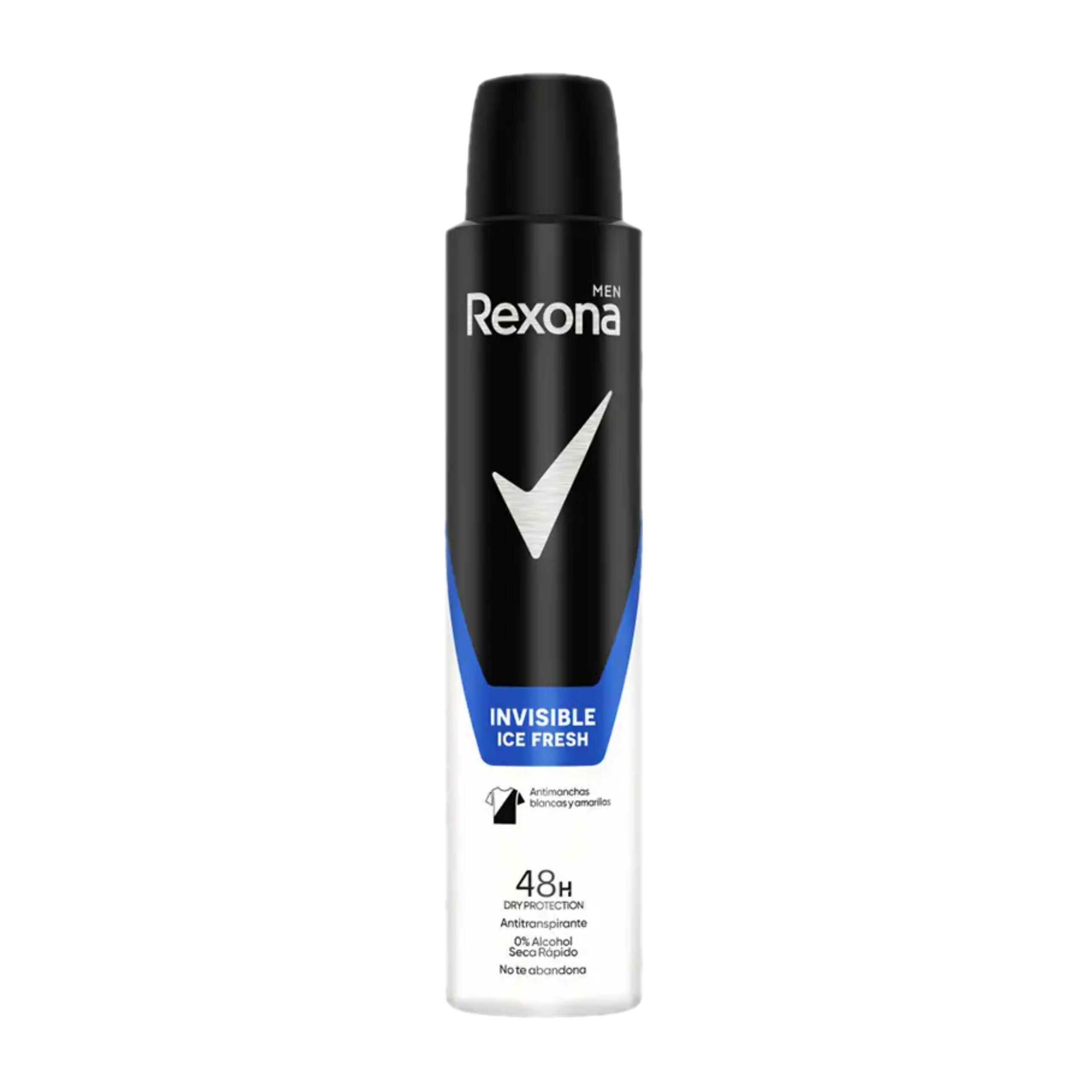 Czarny i biały spray z logo Rexona Men, napis \'INVISIBLE ICE FRESH\' oraz informacja \'48H DRY PROTECTION\'.