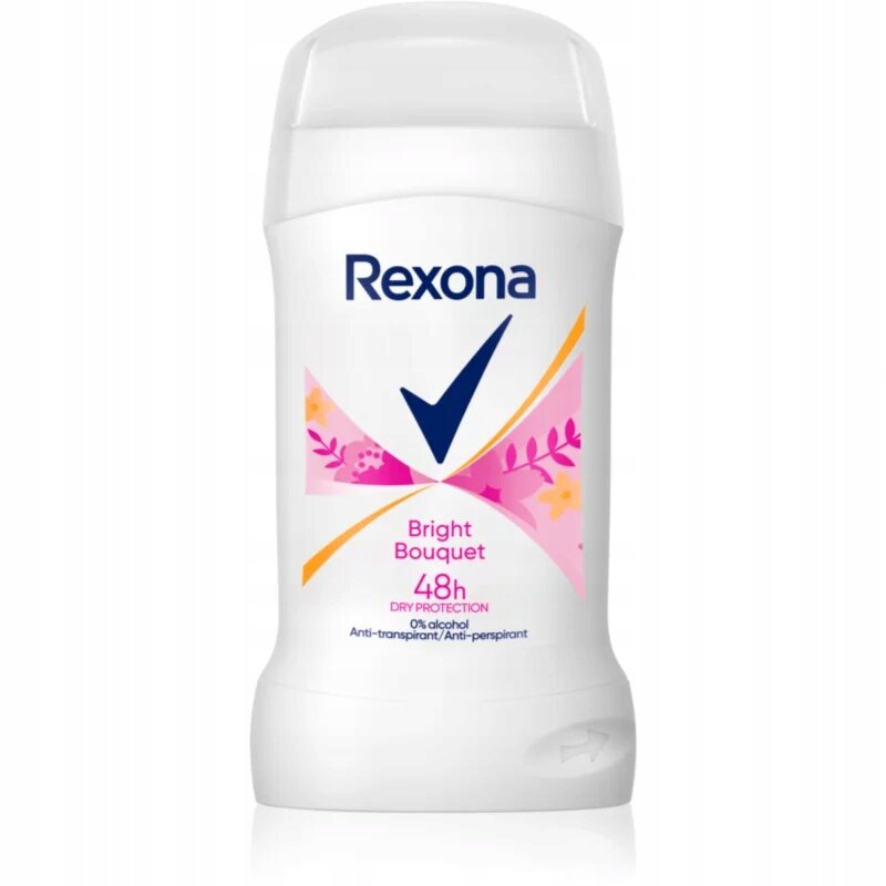 Biały antyperspirant w sztyfcie marki Rexona z napisem \'Bright Bouquet 48h Dry Protection\'. Na opakowaniu widoczny jest niebieski znak i różowe kwiatowe wzory.
