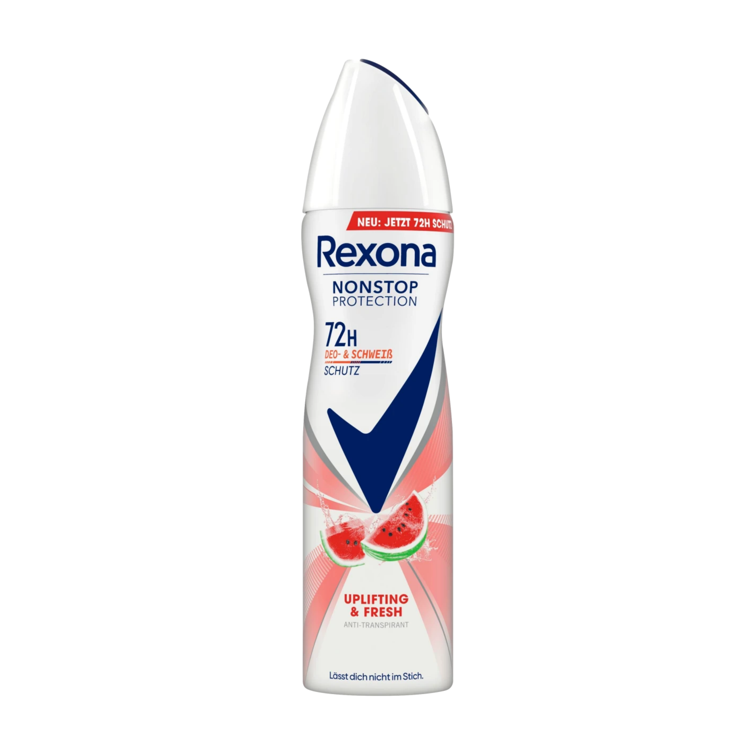 Antyperspirant w sprayu marki Rexona z napisem \'NONSTOP PROTECTION 72H DEO- & SCHWEISS SCHUTZ\'. Na opakowaniu widoczne są grafiki arbuza oraz napis \'UPLIFTING & FRESH ANTI-TRANSPIRANT\'.