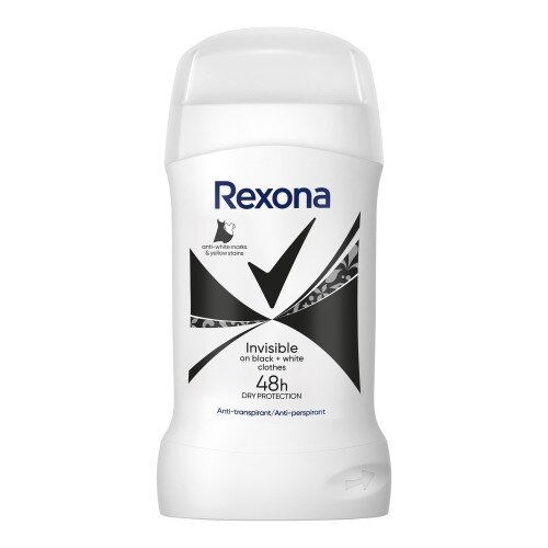 Biały sztyft antyperspirantu z logo \'Rexona\' i napisem \'Invisible on black & white clothes 48h DRY PROTECTION\'.