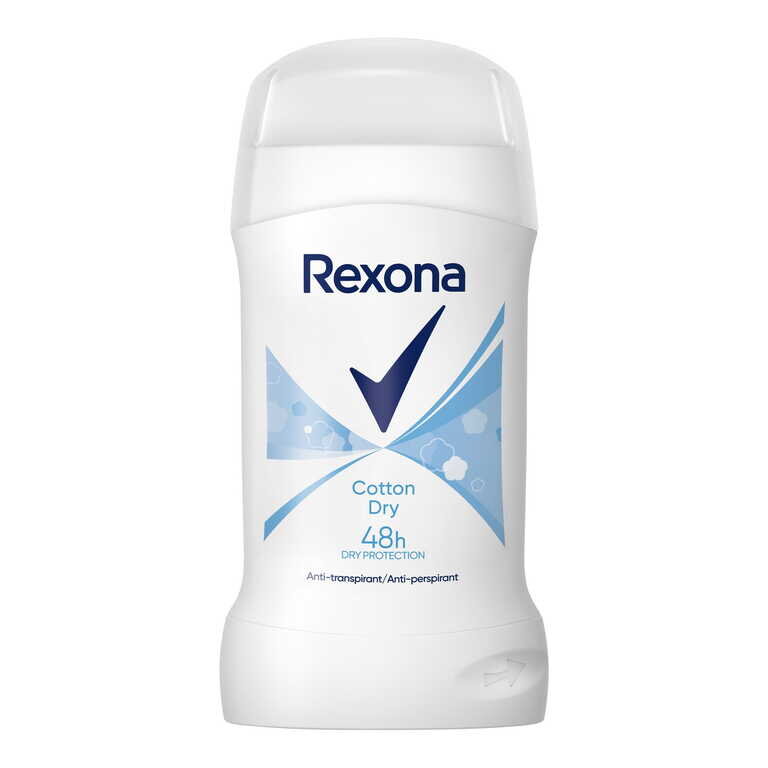 Biały antyperspirant w sztyfcie z logo \'Rexona\' i niebieskim symbolem. Na opakowaniu widnieje napis: \'Cotton Dry 48h DRY PROTECTION Anti-transpirant/Anti-perspirant\'.