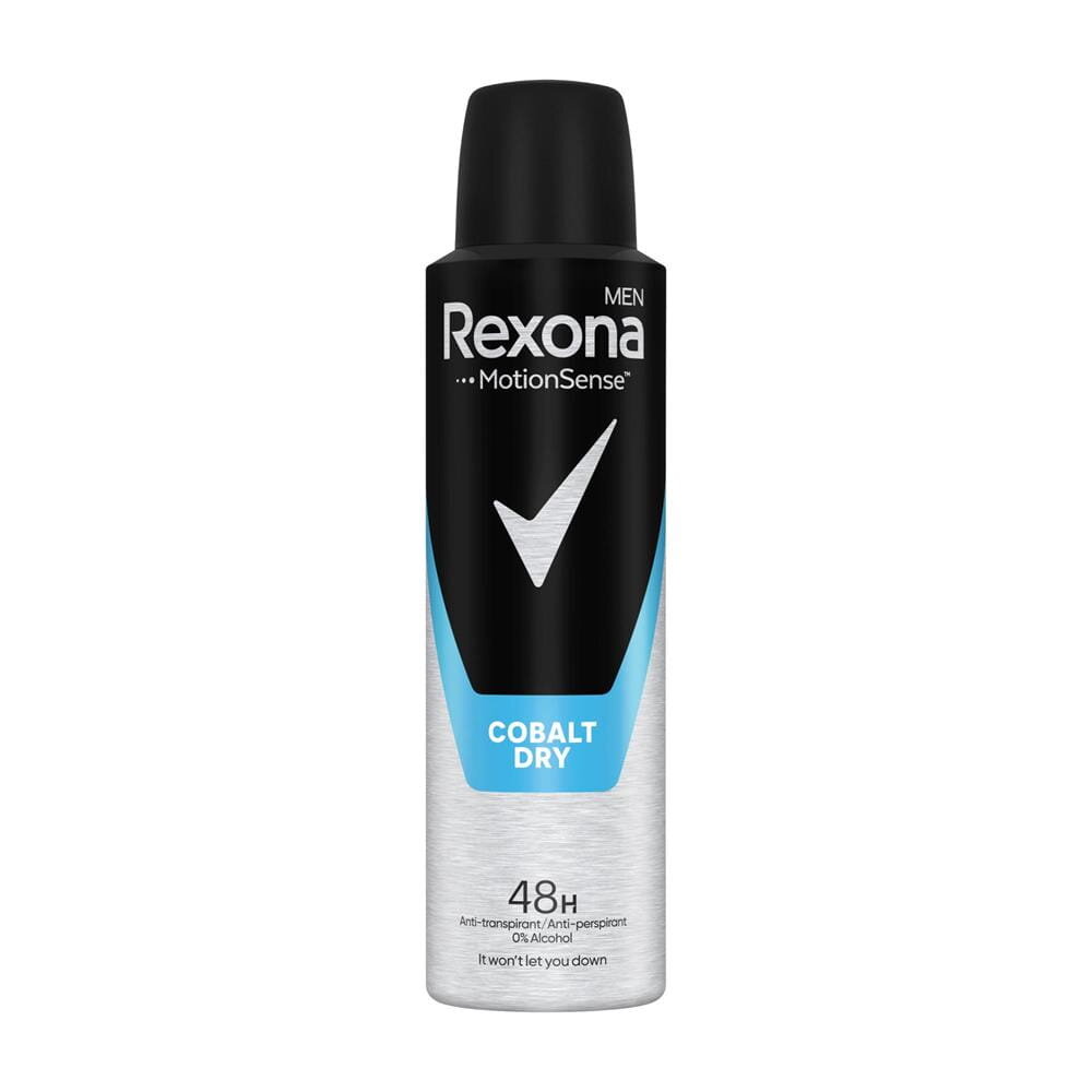 Czarny spray z niebieskim i srebrnym akcentem, z napisem \'Rexona Men MotionSense Cobalt Dry 48H Anti-perspirant 0% Alcohol\'.