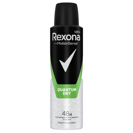 Opakowanie antyperspirantu w sprayu marki Rexona o pojemności 150 ml z napisem \'Quantum Dry\'. Widoczny jest tekst: \'48H Anti-transpirant / Anti-perspirant 0% Alcohol It won\'t let you down\'.