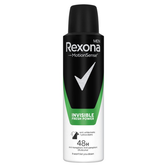 Czarny spray z zielonymi i białymi elementami, na którym widnieje napis \'Rexona Men MotionSense Invisible Fresh Power\'. Produkt obiecuje 48-godzinną ochronę, nie zawiera alkoholu i nie pozostawia białych ani żółtych plam.