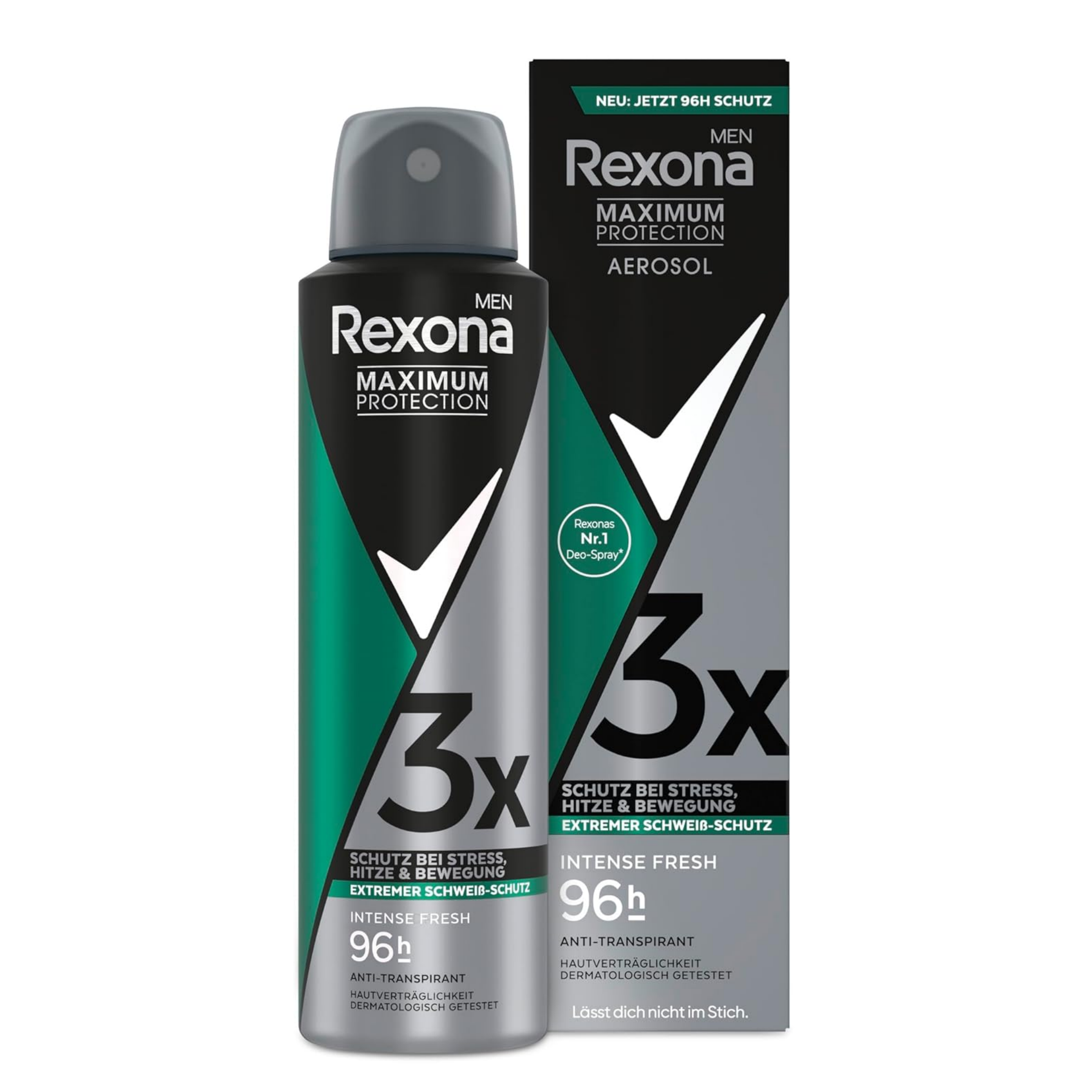 Na obrazie widoczny jest antyperspirant w sprayu dla mężczyzn marki Rexona, o pojemności 150 ml, z napisem \'Maximum Protection 3x 96h Intense Fresh\'. Obok znajduje się opakowanie z podobnymi oznaczeniami i grafiką.