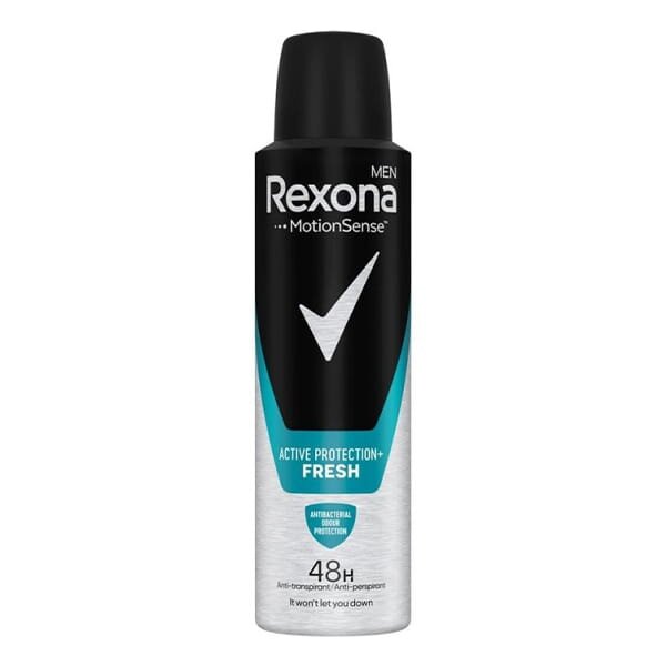 Czarny i srebrny spray z napisem \'Rexona Men MotionSense\' oraz \'Active Protection+ Fresh\'. Na dole widnieje napis \'48H Anti-perspirant Anti-transpirant\'.