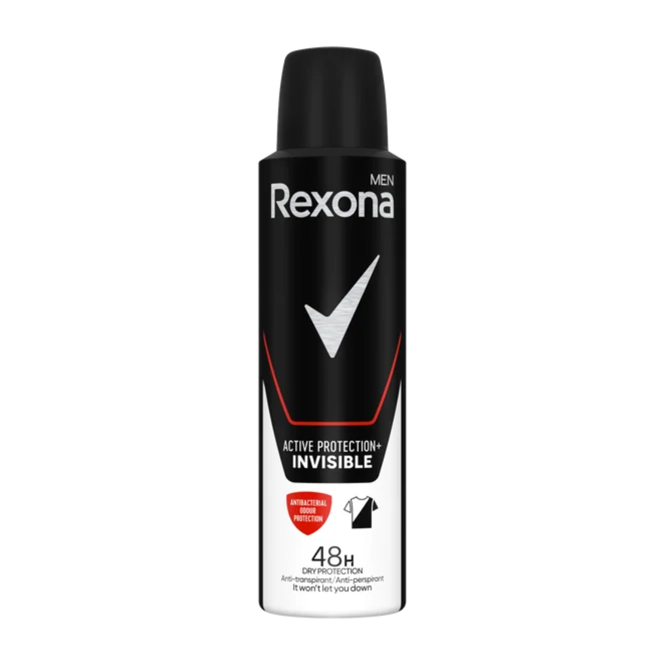 Czarny spray z białym logo \'Rexona Men\' i dużym białym znakiem. Na etykiecie napis \'Active Protection+ Invisible\' oraz \'48H Dry Protection\'.