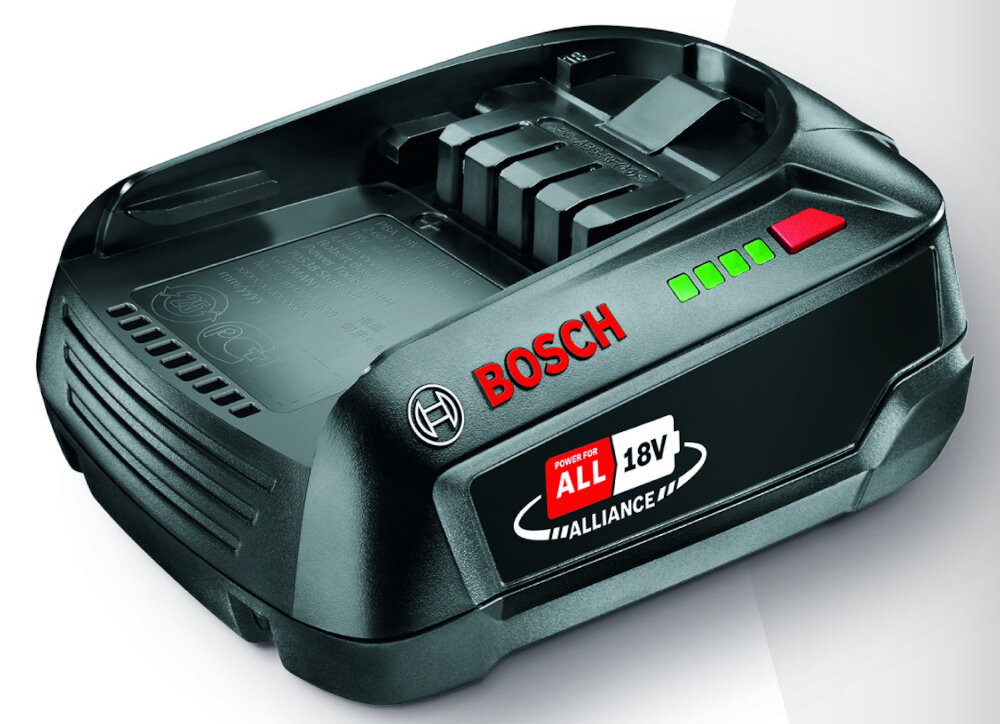 Na obrazie widoczna jest czarna ładowarka z logo BOSCH oraz oznaczeniem \'POWER FOR ALL 18V ALLIANCE\'.