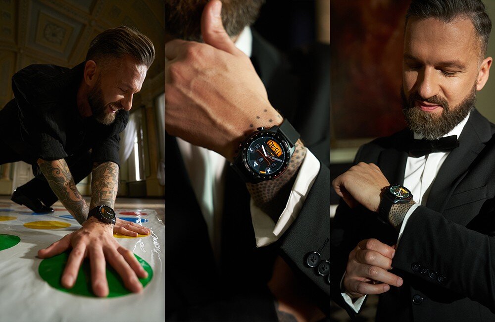 Trzy zdjęcia przedstawiające mężczyznę w różnych sytuacjach, na których nosi smartwatch na nadgarstku. Smartwatch ma czarny pasek i wyświetlacz z widoczną godziną 12:58.