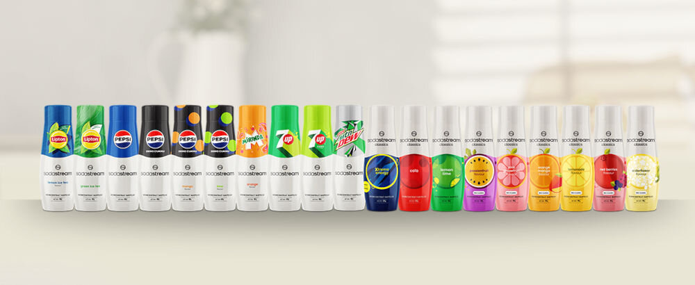 Na obrazie widocznych jest osiemnaście butelek z różnymi etykietami, w tym logo Pepsi, 7UP i Mountain Dew. Każda butelka ma napis \'SODASTREAM\' na białym tle.