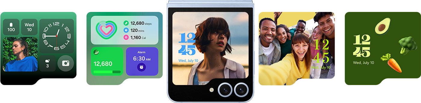 personalizowany ekran zewnętrzny w smartfonie Galaxy Z Flip6 dostępnym w Media Expert Obraz przedstawia pięć ekranów smartfona z różnymi widżetami i grafikami, w tym zegar, licznik kroków, alarm, zdjęcie grupy ludzi oraz ikony warzyw. Na środkowym ekranie widoczna jest osoba z krótkimi włosami, a na ekranie obok grupa uśmiechniętych osób.