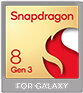 Kwadratowa ikona z napisem \'Snapdragon 8 Gen 3 for Galaxy\' na złotym tle z czerwonym płomieniem po prawej stronie.