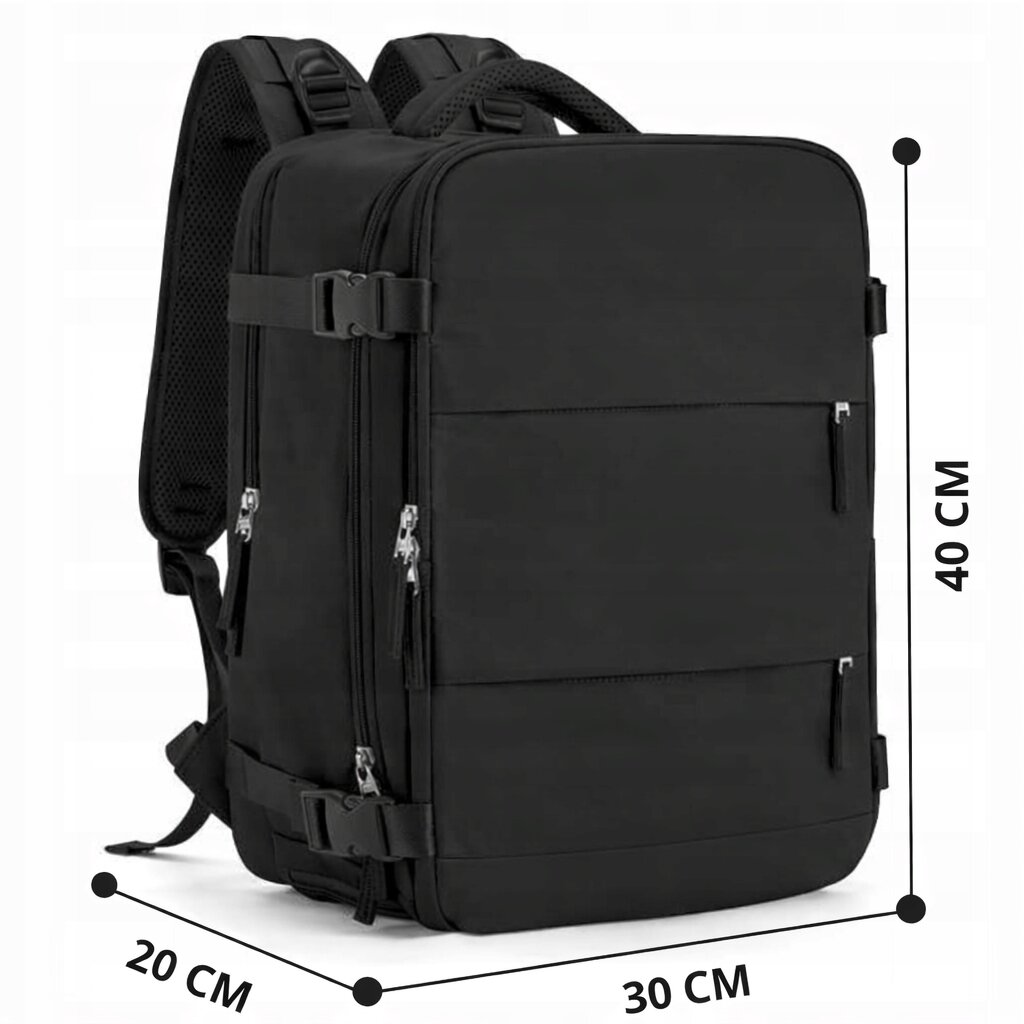 Czarny plecak o wymiarach 40x30x20 cm z kilkoma zamkami błyskawicznymi i regulowanymi paskami na ramiona. Obok plecaka widoczne są oznaczenia wymiarów: 40 CM, 30 CM, 20 CM.
