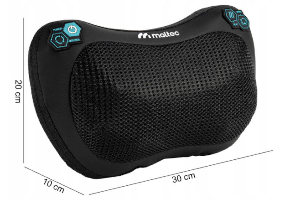 Masażer do karku MALTEC 110996 UltraComfy30W-01 zdjęcie lifestyle Wygodna forma poduszki  z miękkiej ekologicznej skóry i oddychającej tkaniny siateczkowej wymiary