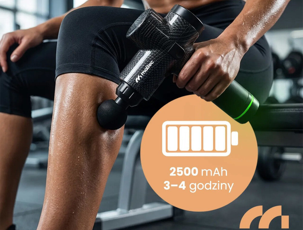 Masażer ręczny Gun MALTEC 113856 zdjęcie lifestyle Długi czas pracy Akumulator Li-Ion pojemność od 3 do 4 godzin pracy 