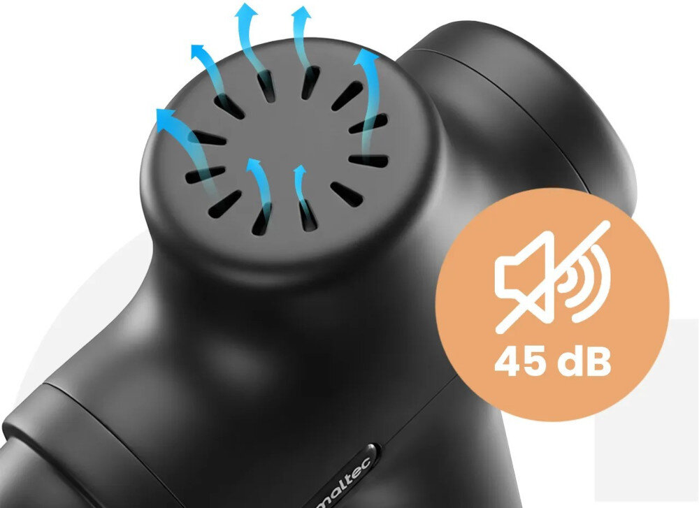 Masażer ręczny Gun MALTEC 113859 BodyBeat Go zdjęcie lifestyle Cicha i bezpieczna praca Poziom hałasu wynosi około 45 dB Automatyczne wyłączenie po około 10 minutach 