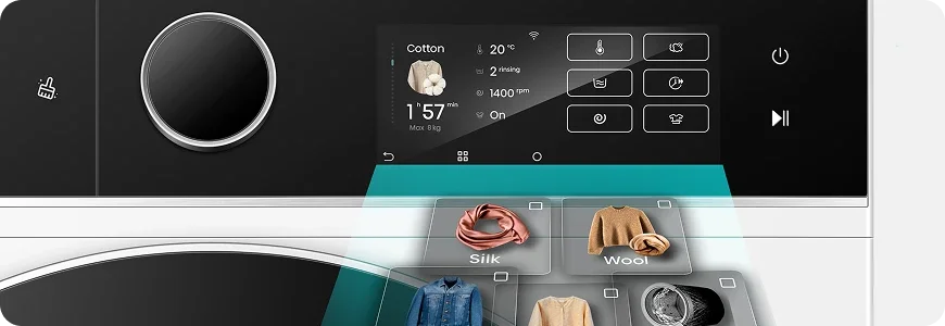 Panel sterowania pralko-suszarki z wyświetlaczem pokazującym program \'Cotton\', temperaturę 20°C, czas 1:57 min, prędkość 1400 rpm oraz opcje prania. Widoczne są również ikony programów dla różnych tkanin, takich jak \'Silk\' i \'Wool\'.