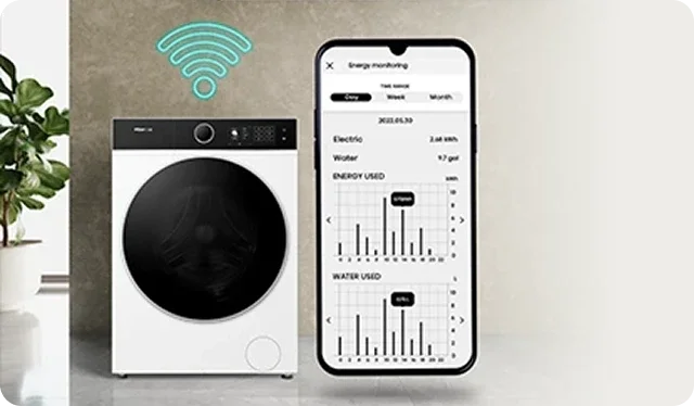 Na obrazie widoczna jest pralko-suszarka z dużym okrągłym bębnem oraz smartfon z aplikacją monitorującą zużycie energii i wody. Nad pralko-suszarką znajduje się symbol sygnału Wi-Fi.