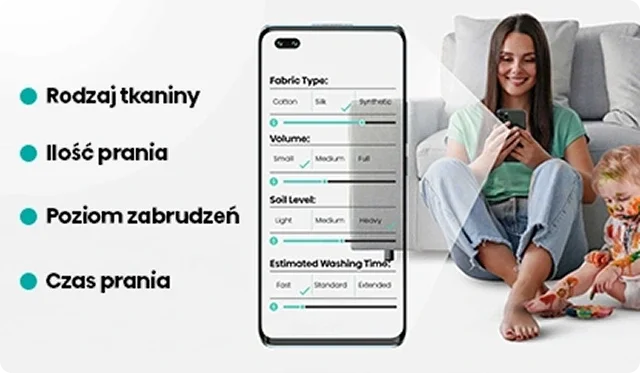 Obraz przedstawia kobietę siedzącą na kanapie z telefonem oraz dziecko bawiące się na podłodze. Obok widoczny jest ekran telefonu z ustawieniami pralki: \'Fabric Type: Cotton, Silk, Synthetic\', \'Volume: Small, Medium, Full\', \'Soil Level: Light, Medium, Heavy\', \'Estimated Washing Time: Fast, Standard, Extended\'.