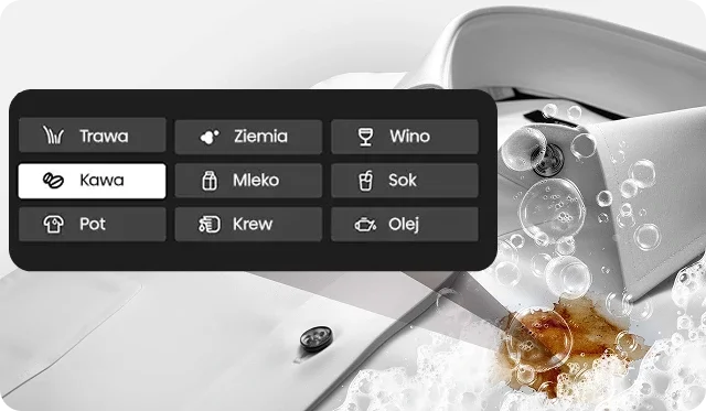 Na obrazie widoczna jest biała koszula z plamą oraz panel z ikonami i napisami: Trawa, Ziemia, Wino, Kawa, Mleko, Sok, Pot, Krew, Olej. Koszula jest zanurzona w wodzie z bąbelkami.