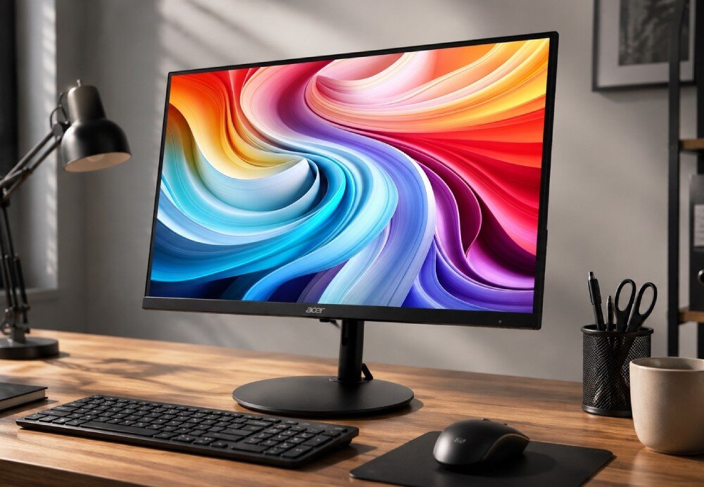 Monitor ACER SH242YP1BMIHUX monitor na biurku z klawiaturą, myszką i lampką, wyświetlający kolorową grafikę wirową
