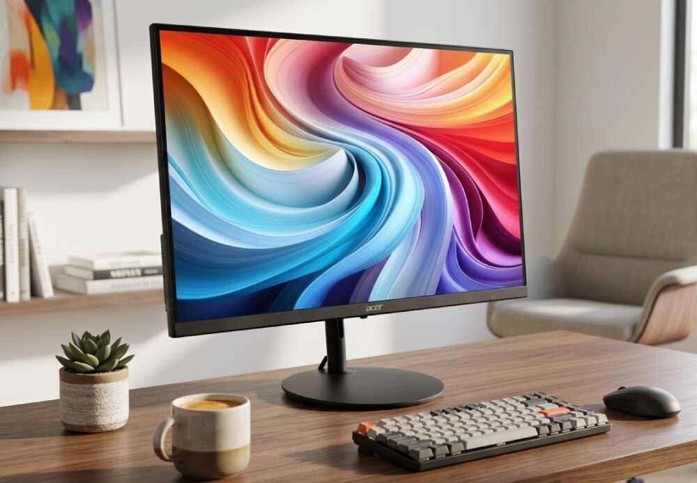 Monitor ACER SH242YP1BMIHUX monitor na biurku obok klawiatury, myszki i kubka, z kolorową grafiką wirową na ekranie