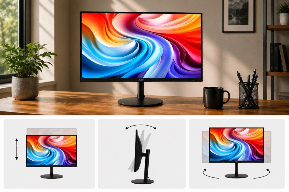 Monitor ACER SH242YP1BMIHUX monitor na biurku, poniżej trzy miniatury pokazujące regulację wysokości, pochylenia i obrotu w płaszczyźnie poziomej