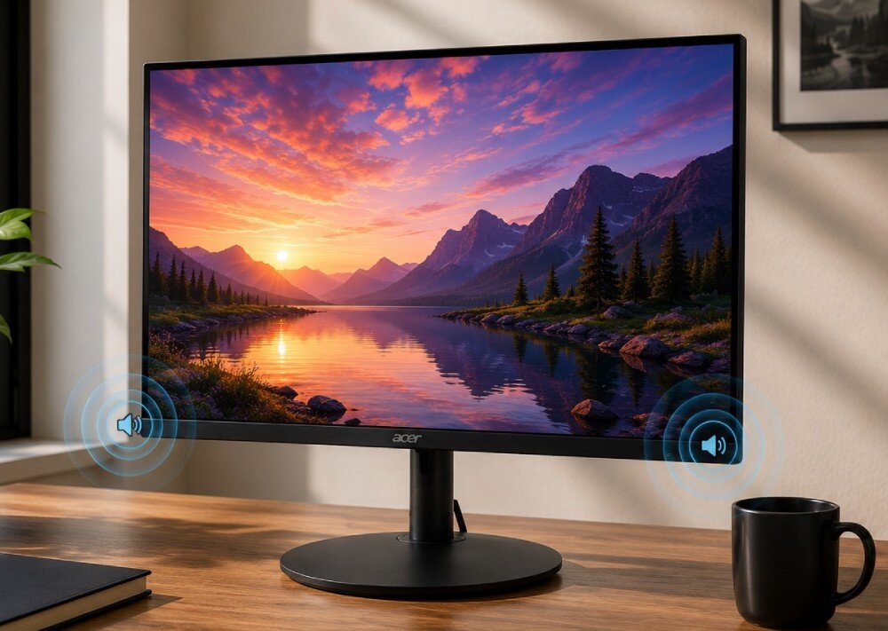 Monitor ACER SH242YP1BMIHUX monitor na biurku z tapetą górskiego jeziora i dwiema ikonami głośników ze falami dźwiękowymi po bokach, obok kubek