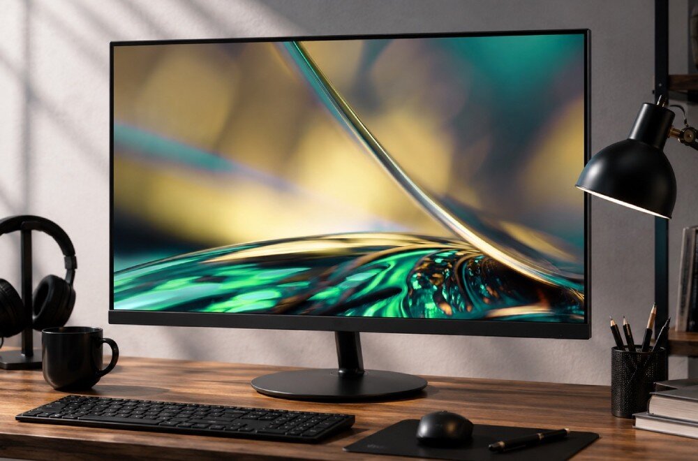Monitor ACER SA322QU E Monitor stoi na drewnianym biurku obok klawiatury, myszki i lampki, wyświetlając abstrakcyjną grafikę