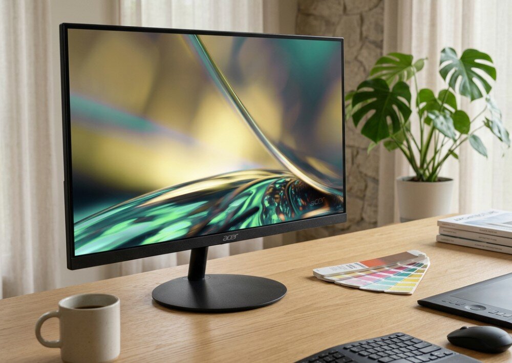 Monitor ACER SA322QU E Monitor stoi na jasnym blacie obok kubka, próbnika kolorów i rośliny, pokazując barwną grafikę