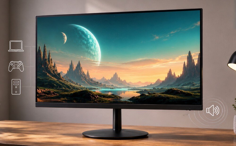 Monitor ACER SA322QU E Monitor na biurku wyświetla krajobraz z planetami, obok umieszczono ikony urządzeń oraz głośnika