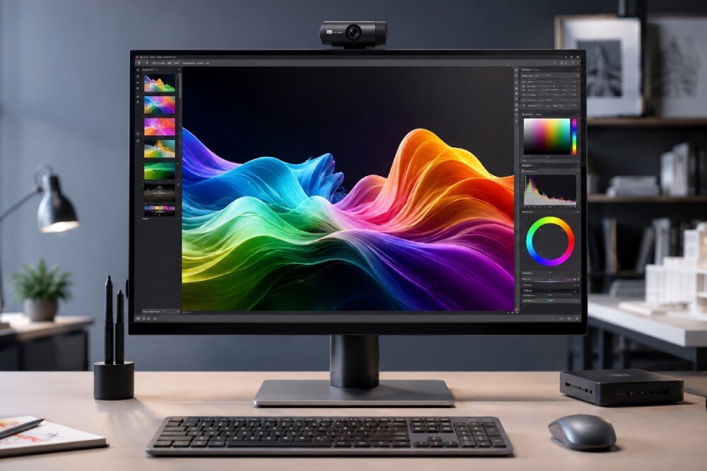 Na biurku stoi monitor wyświetlający kolorową grafikę z falującymi kształtami. Obok monitora znajdują się klawiatura, myszka i małe urządzenie elektroniczne.