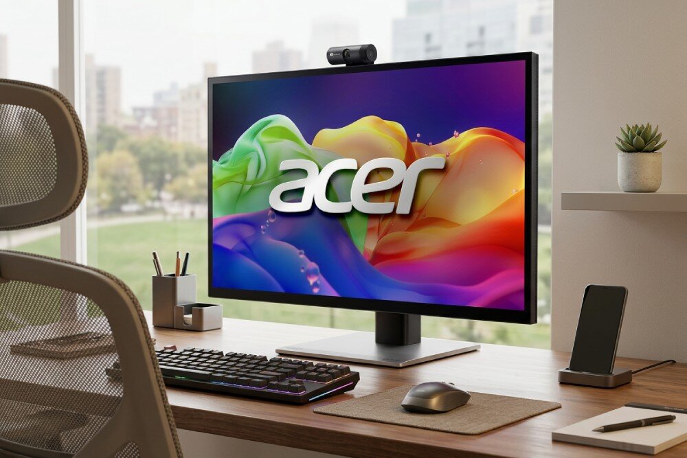 Na biurku znajduje się monitor z wyświetlonym kolorowym tłem i logo \'acer\'. Obok monitora leżą klawiatura, myszka i stojak na telefon.