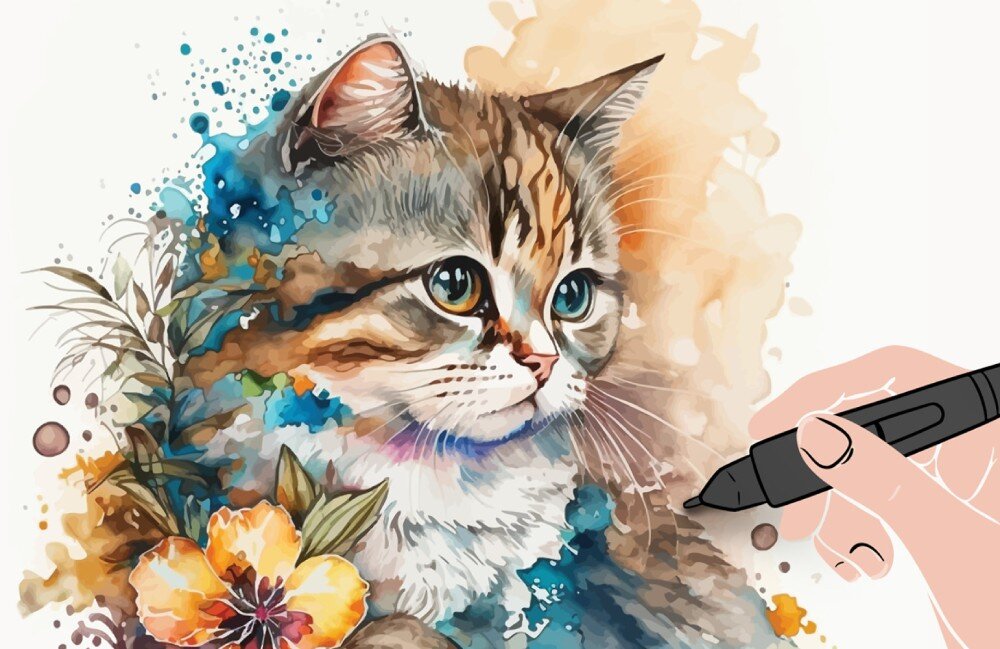 Ilustracja przedstawia kota w stylu akwareli, otoczonego kolorowymi plamami i kwiatami. Widać rękę trzymającą pióro, jakby rysowała obraz.